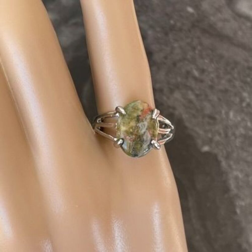 Unakite Jasper Ring Size 8.5 on Silver Plated Band for Men or Women
